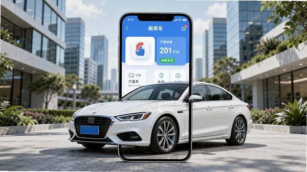 融易车贷APP主界面展示,一辆白色轿车与手机屏幕叠加,背景为现代城市写字楼与绿色植物,画面明亮,突出汽车金融与移动借款的结合,竖版构图,高清渲染