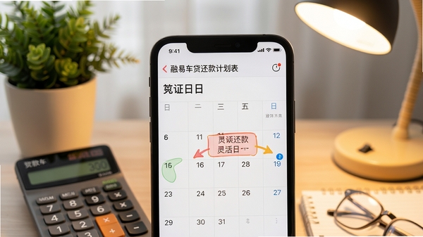 融易车贷还款计划表,手机日历界面标注还款日,背景为计算器与绿色植物,桌面整洁,暖色灯光,突出灵活还款与贴心提醒,实拍风格