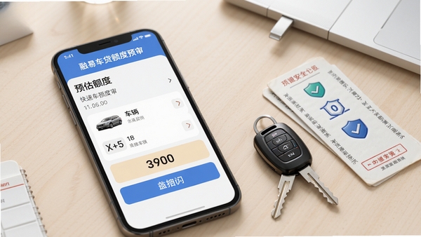 融易车贷额度预审界面,手机屏幕显示车辆信息与预估额度,旁边放有车钥匙与行驶证,背景为简洁办公桌,浅色调,突出快速评估与数据安全,产品渲染图