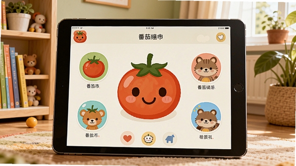 番茄绘本主界面预览图,画面展示一个平板电脑上打开番茄绘本应用,界面色彩明亮,有可爱的卡通动物图标,背景是温馨的儿童书房,有书架和绿色植物,光线柔和,整体风格童趣清新,突出绘本阅读的快乐氛围