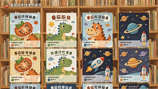 番茄绘本绘本列表页截图,展示多本绘本封面缩略图,有动物、恐龙、太空等主题,背景为书架墙,色调温暖,画面清晰,体现资源丰富多样
