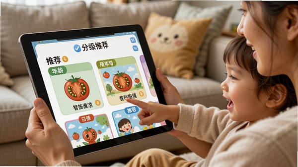 番茄绘本分级阅读推荐界面,展示一个家长正在平板上为孩子挑选绘本,屏幕上有年龄分级和推荐标签,背景是温馨的客厅沙发,孩子开心地指着屏幕,画面有爱,突出智能推荐功能