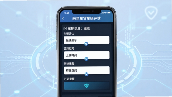 融易车贷车辆评估功能界面,手机屏幕展示车辆信息填写页面,包含品牌型号、上牌时间、行驶里程等字段,背景为淡蓝色科技感光效,突出智能评估的快速与精准。