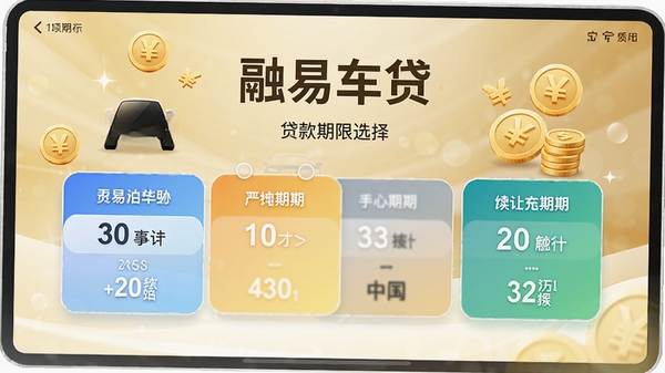 融易车贷贷款期限选择界面,页面显示不同期限选项,背景为柔和金色渐变,搭配汽车图标与货币符号,体现灵活多样的还款选择,整体风格明亮清晰。