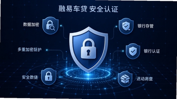 融易车贷安全认证界面,展示多重加密防护图标,背景为深蓝色科技网格,中心位置有盾牌标志,周围环绕数据加密、银行存管等安全标识,整体风格严谨专业。