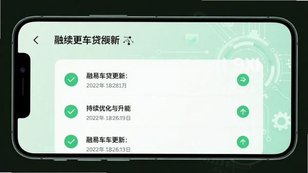融易车贷更新日志界面,手机屏幕显示版本更新列表,背景为淡绿色科技元素,搭配对勾和箭头图标,体现软件的持续优化与功能升级。