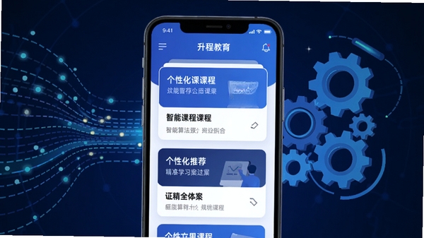 升程教育智能课程匹配功能示意图,画面中央为手机APP界面,展示个性化推荐课程卡片,背景是抽象的数据流动线条与齿轮元素,象征智能算法驱动的精准学习方案,科技感蓝色主调