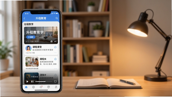 升程教育APP学习界面预览图,前景展示手机屏幕中的课程列表与播放页面,背景为模糊的现代书房环境,书架与台灯点缀,暖色调光线,画面清晰,突出在线教育的便捷与温馨氛围