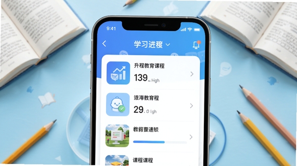 升程教育APP主界面预览图,画面中央是手机屏幕特写,展示课程列表与学习进度,背景采用浅蓝色渐变与书本、铅笔等教育元素,整体风格明亮清晰,突出在线教育的便捷感