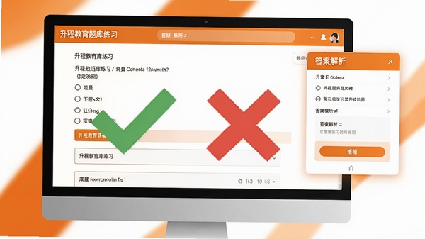 升程教育题库练习页面,屏幕显示选择题与答题卡,右侧有答案解析弹窗,背景为橙色与白色相间,视觉重心放在对勾与错叉的反馈图标上,强调练习与巩固