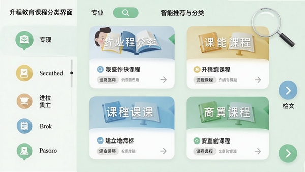 升程教育课程分类界面截图,左侧显示专业类别图标,右侧展示具体课程卡片,背景为淡绿色,配有放大镜与导航箭头元素,体现智能推荐与分类检索功能