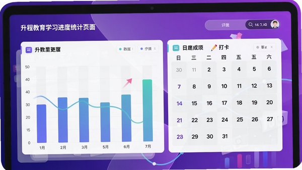 升程教育学习进度统计页面,屏幕上展示柱状图与打卡日历,背景为紫色渐变,整体风格现代,体现数据可视化与学习成果反馈