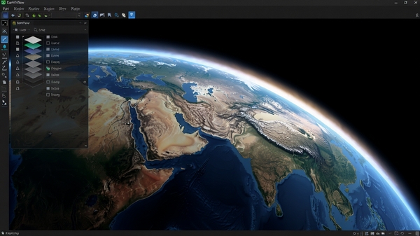 EarthView软件高精度三维渲染功能预览图,画面展示从太空视角拉近至某个大陆的过渡效果,地球曲面边缘带有大气层光晕,地面细节逐渐清晰,左侧有半透明的图层控制面板,整体风格写实且具有科技感,桌面软件截图风格