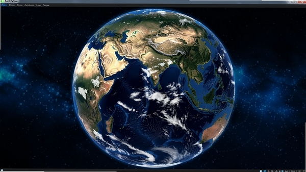 EarthView软件主界面预览图,展示一个高分辨率的三维地球模型占据画面中央,背景为深邃的星空,地球表面细节清晰可见,包含大陆板块、海洋纹理与动态云层,画面整体呈现深蓝色调,科技感与真实感并存,桌面壁纸场景,16:9宽屏构图