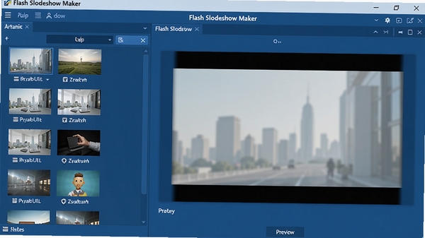 Flash Slideshow Maker 软件主界面预览图,左侧为素材列表,右侧为预览窗口,整体界面布局清晰,采用蓝色调现代风格,展示软件核心功能区域