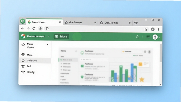 Greenbrowser绿色浏览器主界面预览图,展示多标签栏、菜单按钮、收藏夹区域和网页内容,整体风格清爽简洁,背景为浅蓝色渐变,浏览器窗口居中,周围有柔和的阴影效果,现代扁平化设计风格