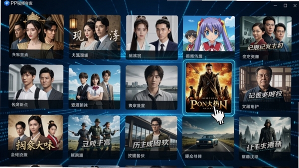 PP视频内容库界面,屏幕上以网格形式展示各类影视剧封面,包括古装剧、现代剧、动漫、纪录片等,封面色彩鲜艳,排列整齐,背景为科技感蓝色光线与数据流,画面中有一个鼠标指针正在点击一部热门电影封面,突出资源丰富与更新迅速的特点,高清画质,细节丰富,软件界面截图风格