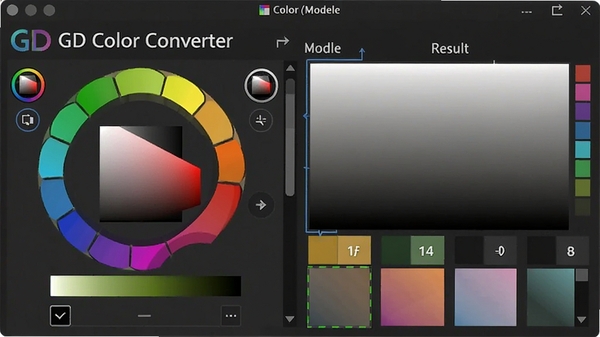 GD Color Converter软件主界面截图,深色主题背景,左侧为色彩模型选择区域,右侧显示转换结果与色块预览,画面简洁清晰,突出软件名称GD Color Converter,风格为现代扁平化设计