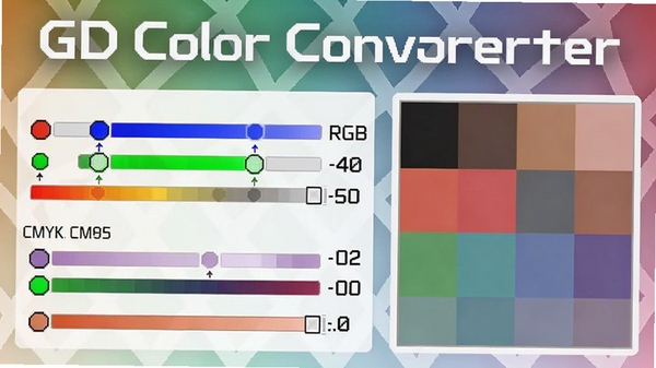 GD Color Converter色彩转换界面特写,显示RGB与CMYK数值同步变化,右侧色块展示转换结果,背景带有柔和渐变网格,突出软件名称GD Color Converter,科技感与实用性结合