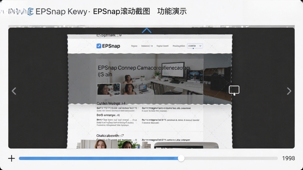 EPSnap滚动截图功能演示,展示捕捉长网页内容的完整过程,界面清晰显示滚动区域和进度条