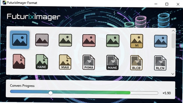 FuturixImager格式转换功能界面,显示多种图片格式图标,转换进度条,背景有抽象数字图像元素