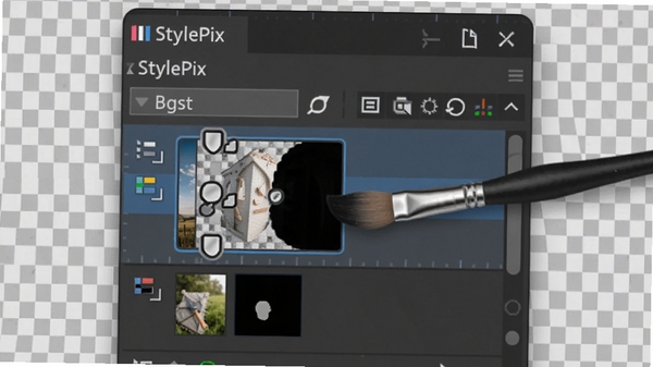 特写Hornil StylePix的图层面板,显示多个图层和蒙版缩略图,一个图层正在用画笔工具编辑蒙版,背景是半透明棋盘格,突出专业编辑的细节