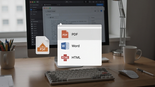 思源笔记导入导出功能预览,画面显示软件导出菜单,包含PDF、Word、HTML选项,旁边有文件图标,背景为办公桌面,风格务实