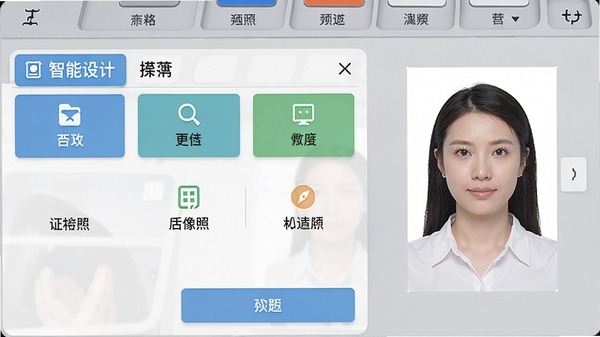 智能证件照相机主界面截图,展示整洁的工具布局与功能分区,背景为浅灰色工作台,右侧显示证件照预览效果,整体画面明亮清晰