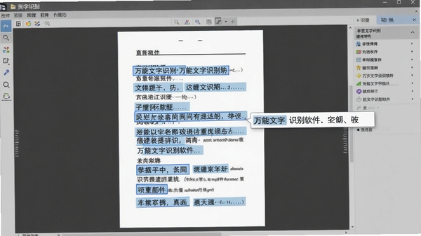 万能文字识别软件正在识别一张包含中英文混排的清晰扫描文档,文字被蓝色高亮框标注,旁边弹出准确的识别文本结果,背景为软件的操作界面