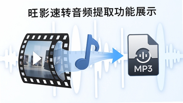 旺影速转音频提取功能展示,画面中一个音乐符号从视频胶片中分离出来,转换为MP3文件图标,背景有简单的波形图,整体风格明亮清晰,体现功能直观易用