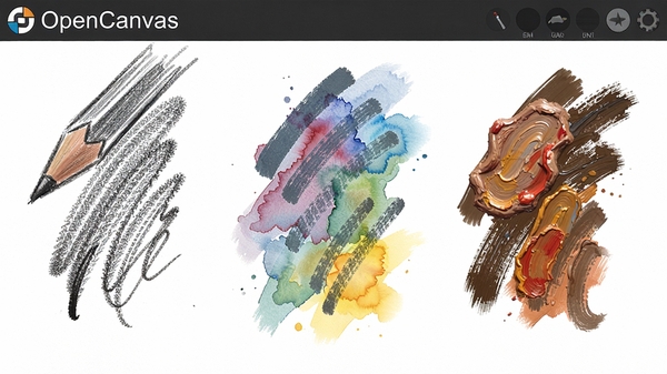 OpenCanvas笔触效果特写,画布上展示铅笔、水彩、油画三种笔刷的对比笔迹,线条粗细变化明显,色彩晕染自然,背景为纯白色画布,细节清晰可见,Boogu模型生成的软件功能展示图