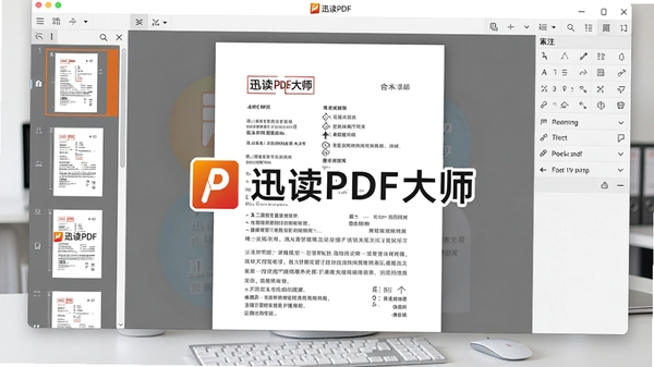 迅读PDF大师主界面预览图,显示软件打开PDF文档后的完整界面布局,左侧页面缩略图栏、中间文档阅读区、右侧批注工具栏,整体风格简洁明亮,背景为浅灰色办公桌面,屏幕中央清晰显示迅读PDF大师的Logo与文档内容,画面比例为16:9,高清细节丰富