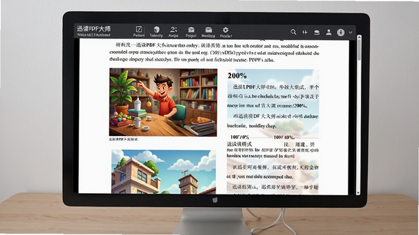 迅读PDF大师阅读模式展示图,电脑屏幕上显示一份图文混排的PDF文档,页面被放大到200%比例,文字清晰锐利,图片色彩饱满,界面顶部有功能菜单栏,窗口边缘有滚动条,背景为纯色办公桌,画面干净整洁,突出软件渲染效果,16:9比例