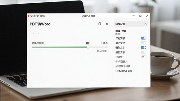 迅读PDF大师格式转换功能界面,软件窗口中显示PDF转Word的选项面板,转换进度条正在运行,右侧有转换设置选项,如保留图片、识别文字等开关,窗口外背景为办公桌,有笔记本电脑和一杯咖啡,画面写实,突出软件实用场景,16:9比例
