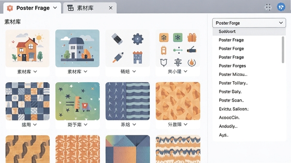 Poster Forge的素材库面板,展示矢量插画、图标、纹理等分类,右侧是字体下拉列表,界面以卡片式布局呈现,色彩柔和,软件名称Poster Forge出现在面板顶部标签页