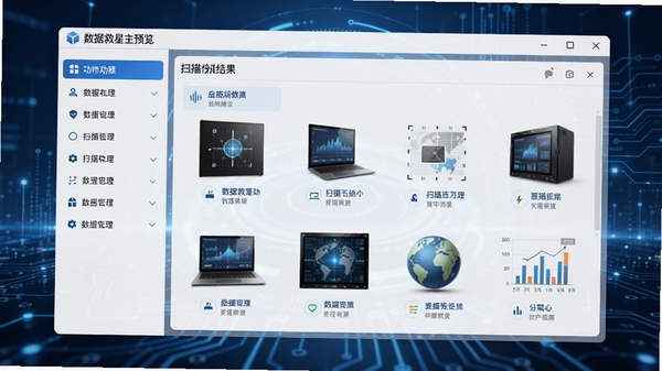 数据救星主界面预览图,展示软件全貌,左侧功能列表,右侧扫描结果区域,界面简洁专业,蓝色科技感背景,高清渲染
