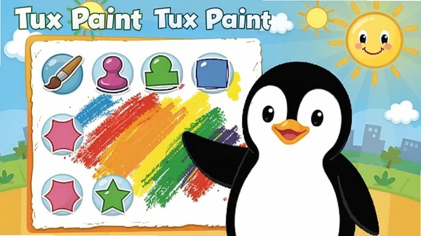 Tux Paint儿童绘画软件主界面,一只可爱的企鹅吉祥物站在画布旁,画布上色彩斑斓,有画笔、印章、形状等工具图标,背景为明亮的卡通风格,适合儿童使用,整体画面清晰、色彩鲜艳,软件名称为Tux Paint