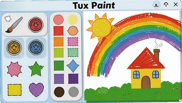 Tux Paint绘画工具界面,展示画笔、印章、形状等工具选项,旁边有色彩调色板和画布,画布上画着彩虹、太阳和小房子,整体风格活泼,色彩明亮,软件名称为Tux Paint