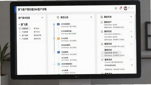 荣飞客户预约管理和CRM客户详情页面,显示客户基本信息、跟进记录时间线和服务历史列表