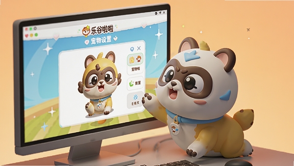一只造型圆润可爱的Q版小宠物正趴在一个现代风格电脑屏幕的角落,屏幕中显示着乐谷啦啦的宠物设置面板,宠物表情生动,呈互动状态,桌面背景为暖色调渐变,画面清晰,光影自然,3D渲染风格,细节精致。