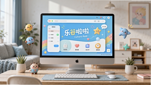 一幅明亮整洁的现代电脑桌面特写,屏幕中显示着乐谷啦啦软件的主界面,界面设计清新活泼,桌面上有一些可爱的动态小挂件和流畅的动画效果,画面比例16:9,高分辨率,光线柔和,背景是简约的客厅环境,细节丰富,风格写实。