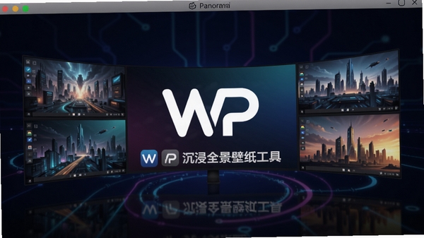 WPanorama全景壁纸工具的主界面预览图,画面中央展示软件Logo与多屏拼接的炫酷壁纸效果,背景为深色科技感渐变,整体风格现代简洁,突出软件沉浸式视觉体验的核心功能
