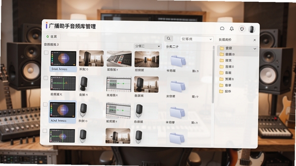 广播助手音频库管理界面,展示音频文件列表和分类文件夹,背景为音乐工作室风格,色调柔和