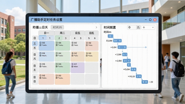 广播助手定时任务设置界面,展示一周日程表和时间轴配置,背景为校园或办公楼,画面明亮清晰