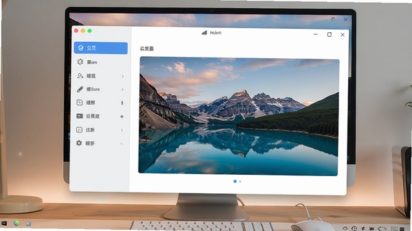 手机电脑随机墙纸主界面预览图,展示软件在电脑桌面上的运行效果,明亮简约的窗口设计,左侧分类列表,右侧壁纸大图预览,背景为一张风景壁纸,整体画面清晰美观