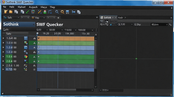 Sothink SWF Quicker主界面截图,展示时间轴、工具栏和舞台区域,界面布局清晰,色彩明亮,背景为深灰色工作区,整体风格专业且友好,适合作为软件介绍首图