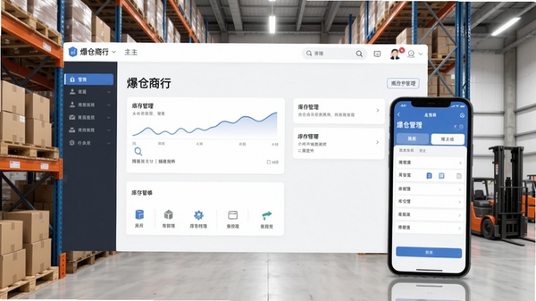爆仓商行软件主界面截图,展示仓库货架与手机管理界面,现代简约风格,突出库存管理功能,背景为整洁的仓储环境