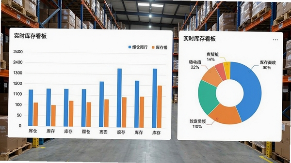 爆仓商行实时库存看板界面,包含柱状图与饼图展示库存分布,背景为仓库全景,数据可视化风格
