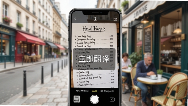 生成一张关于拍照立即翻译软件的全景功能展示图,画面中央是一部运行着该软件的智能手机特写,手机屏幕上清晰显示正在拍摄一段英文菜单并即时叠加显示中文译文,背景是模糊处理的欧洲街头咖啡馆场景,整体色调明亮清新,突出AI翻译的科技感与便捷性,图片风格为高清应用宣传图,包含拍照立即翻译的软件界面元素