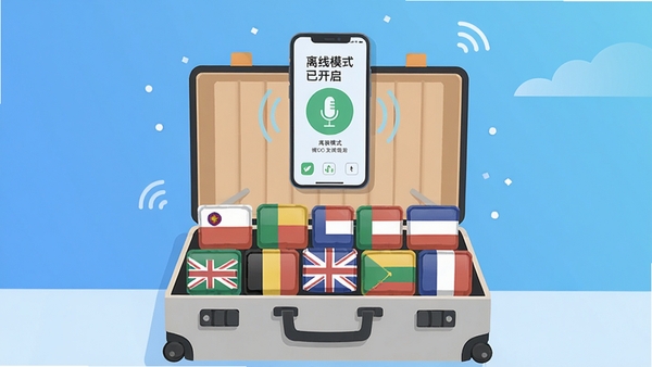 绘制一张关于拍照立即翻译离线功能的创意概念图,画面主体是一个打开的行李箱,箱内整齐码放着标有各国国旗的离线语言包方块,上方悬浮着一部手机,屏幕显示“离线模式已开启”的界面,背景为简洁的渐变蓝色,寓意旅行中无需网络也能畅快沟通,风格扁平化且色彩明快